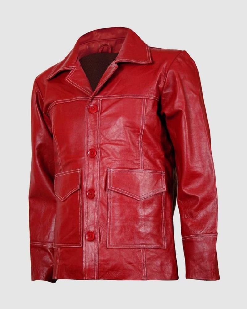 Trim FC Fight Club Red Biker Leather Jacket Leather: Cowhide Lining: Satin Front buttoned closure Pointed collar 2 waist pockets with flaps Premium..