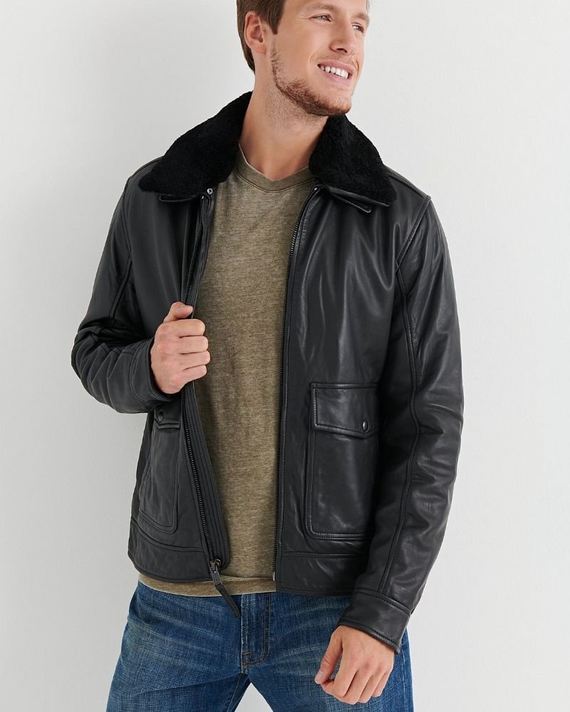 Men Shearling Black Leather Jacket