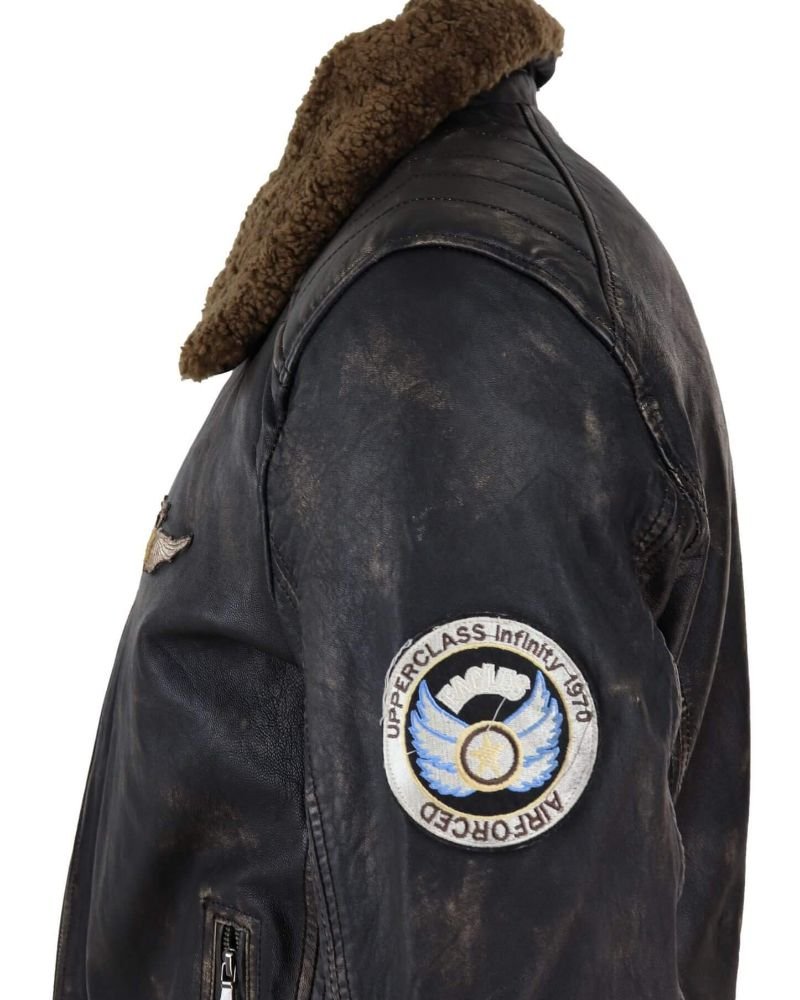 Mens Vintage Leather Jacket with Fur Collar