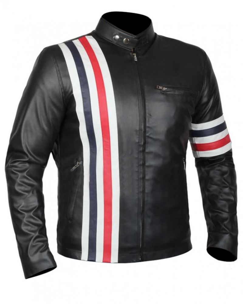 Shop USA Flag Men White Red and Blue Stripe Black Leather Jacket - Buy ...