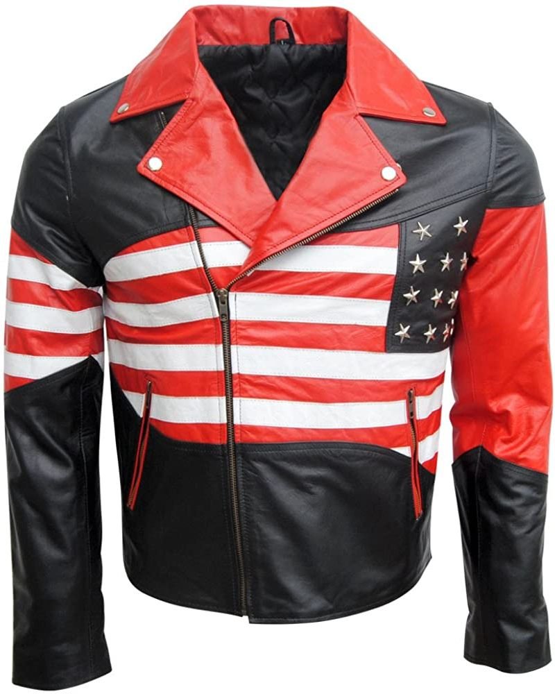 Biker Leather Jacket USA Flag