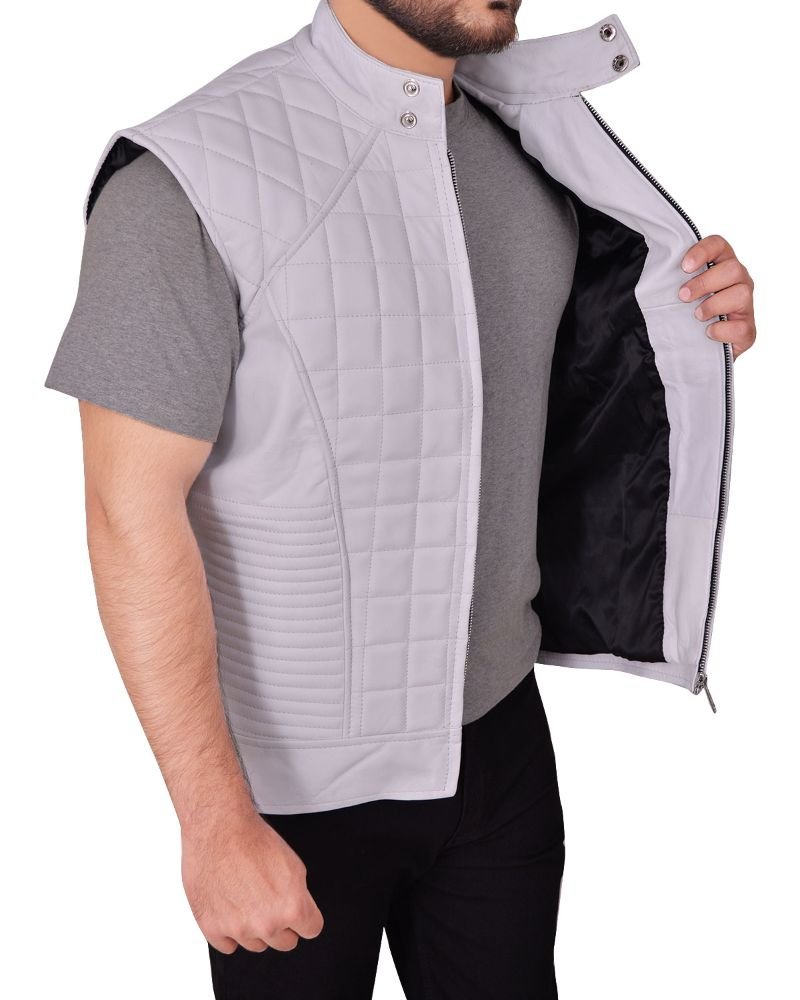 Men White Leather Vest