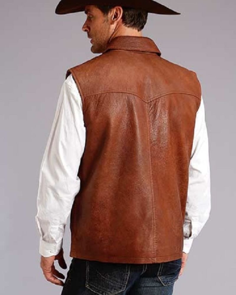 Men Leather-Yoke Quilted Vest