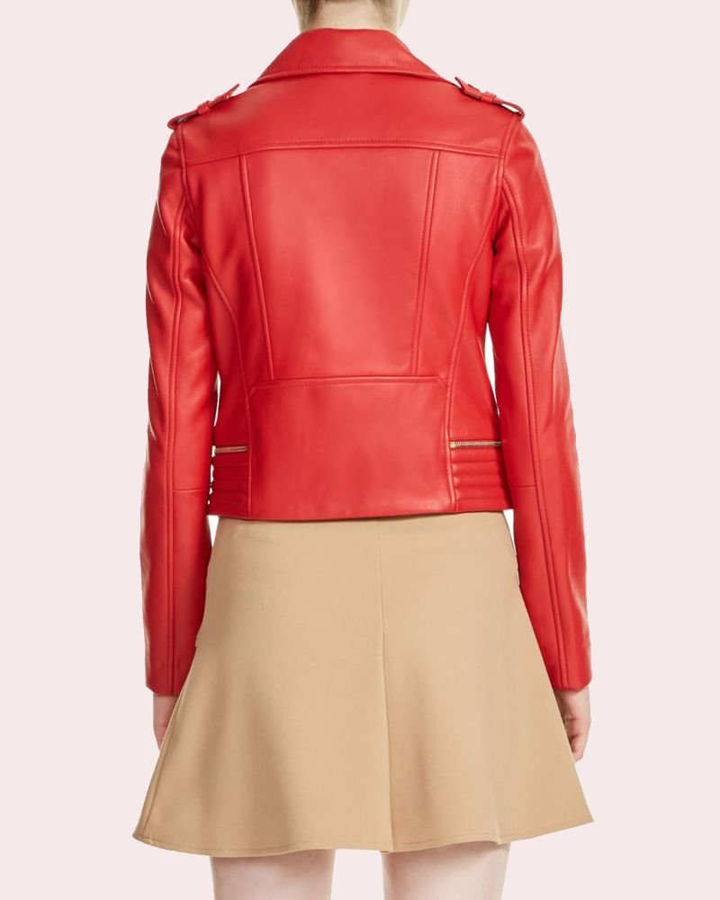 Women’s Red Leather Moto Zipper Jacket