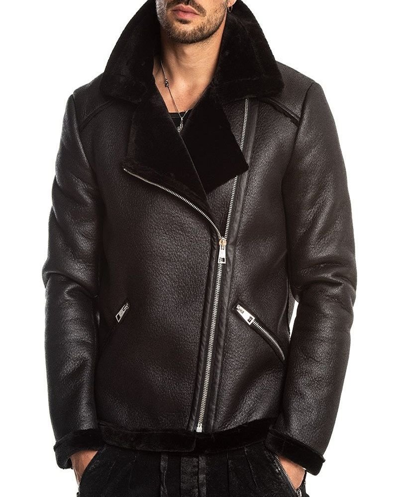 Men Ink Black Shearling Leather Jacket