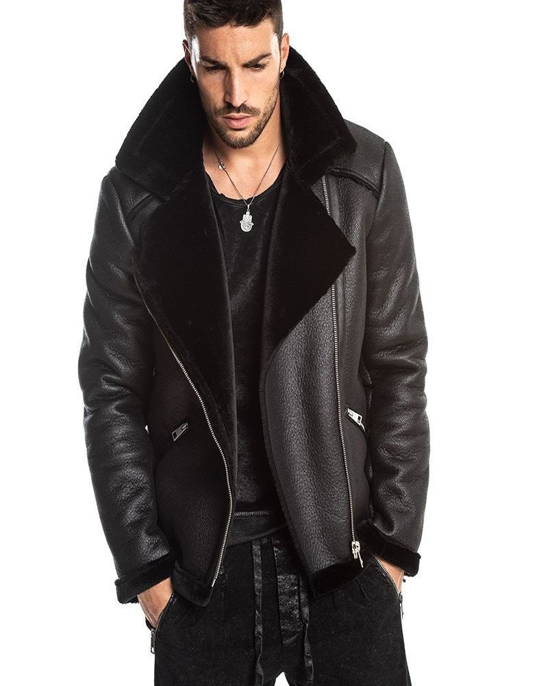 Men Ink Black Shearling Leather Jacket