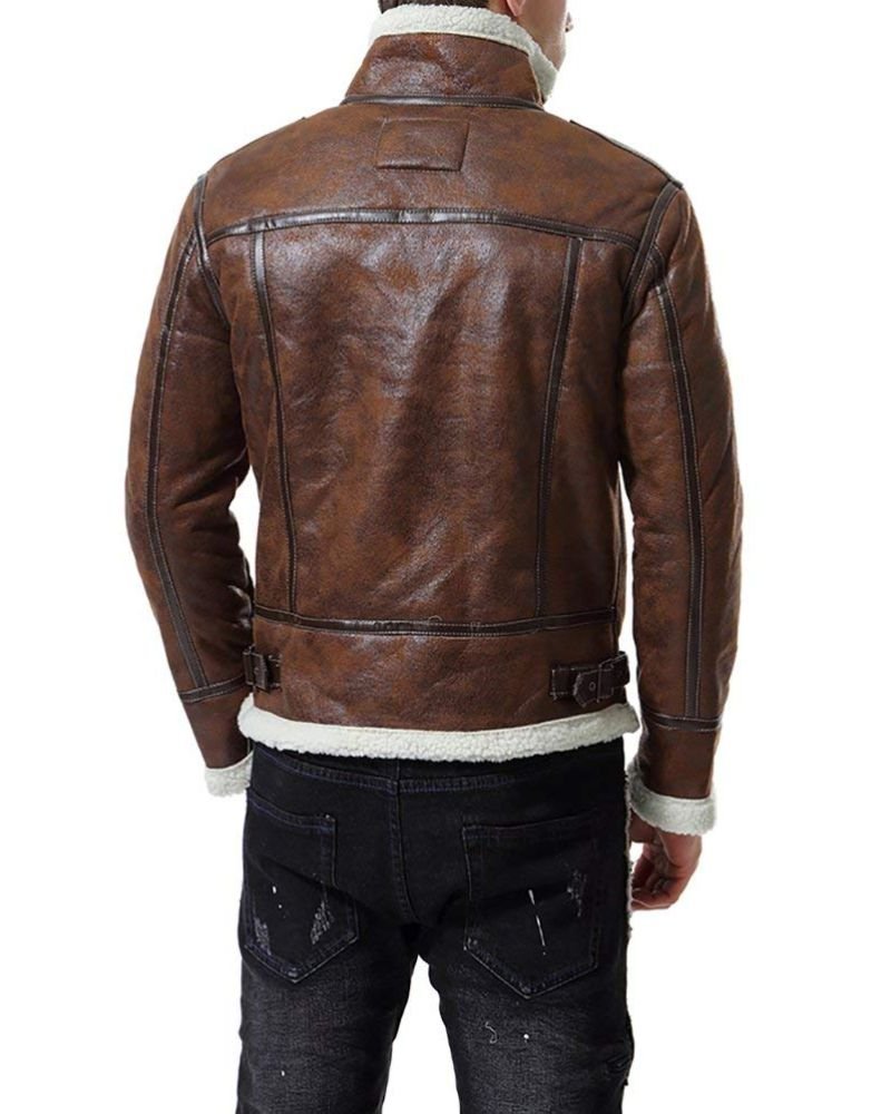 Men Distressed Brown Bomber Fur Jacket