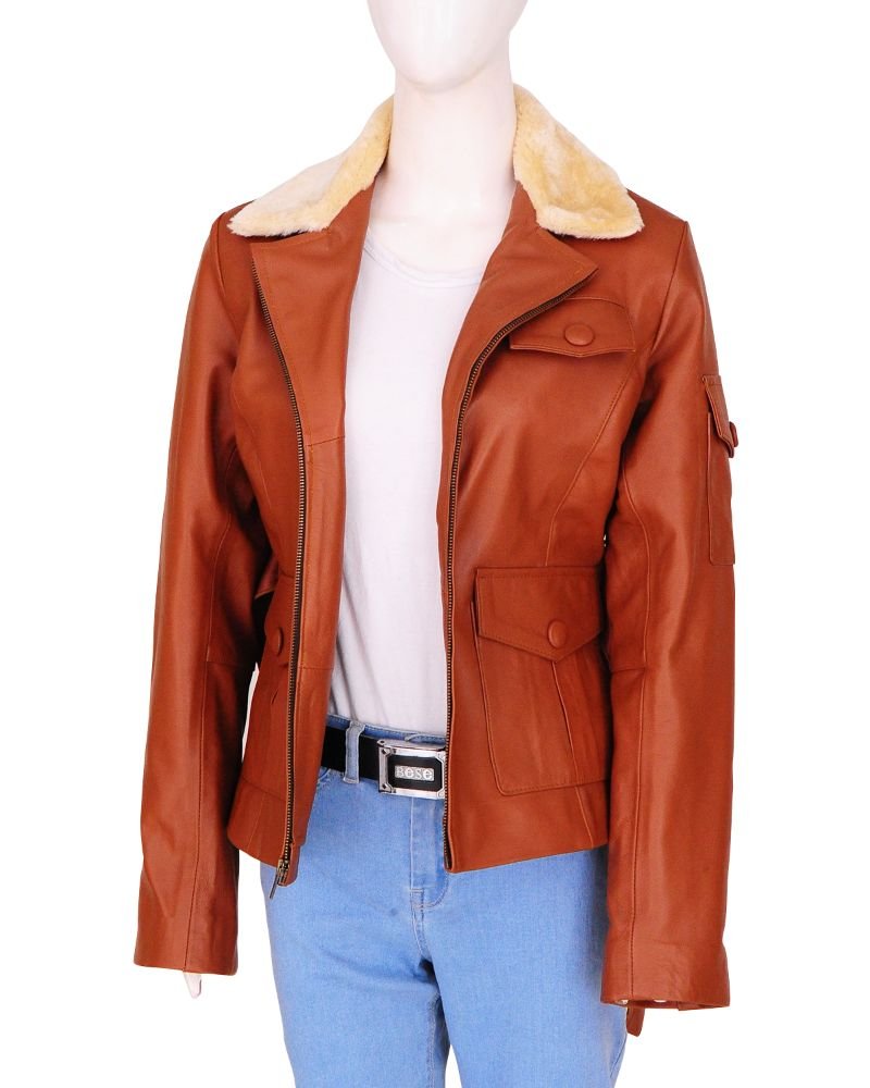 Women Tan Jacket fur lapel collar