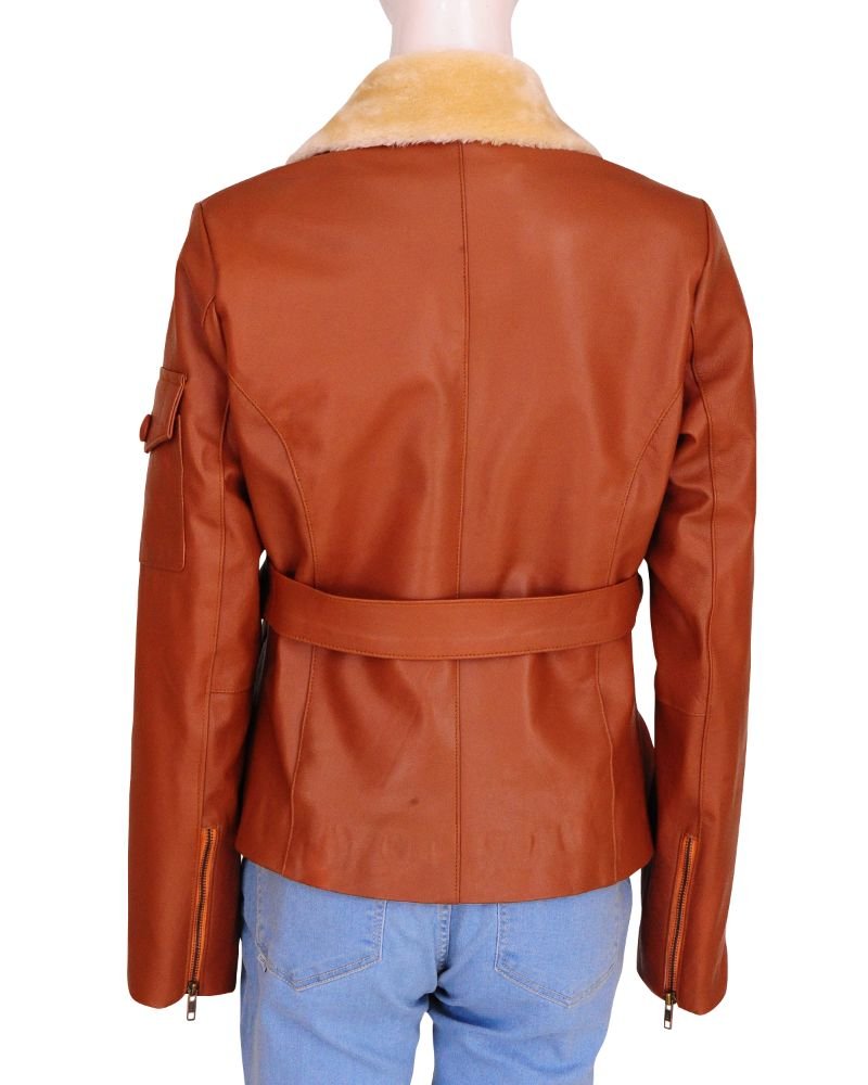 Women Tan Jacket fur lapel collar