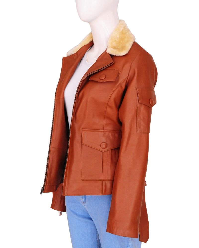 Women Tan Jacket fur lapel collar