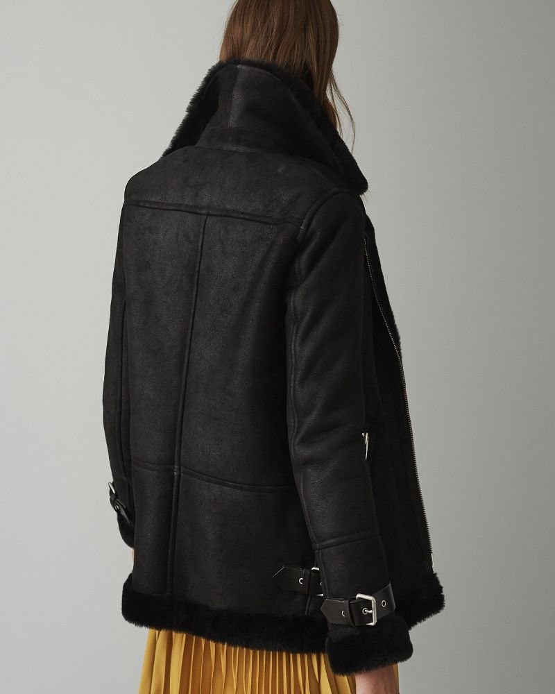 Black Shearling Leather Jacket FOR Women 