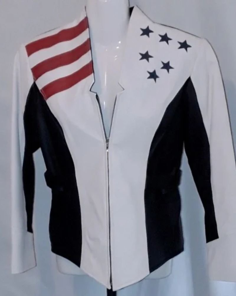 VINTAGE Leather Racing American Flag USA Motorcycle Riding Zip Up Jacket