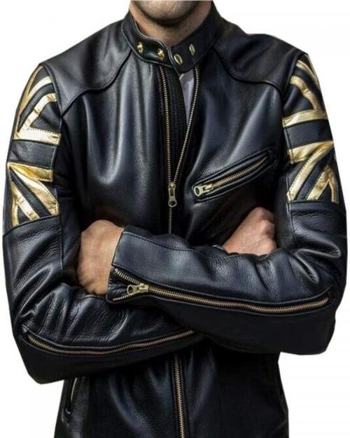 Men's UK Flag TJ Vintage Motorcycle Black Leather Jacket