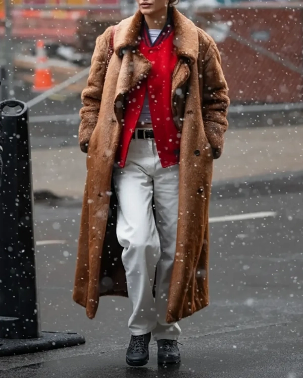 Bella Hadid Style Brown Faux Fur Coat  Chic Winter Outerwear