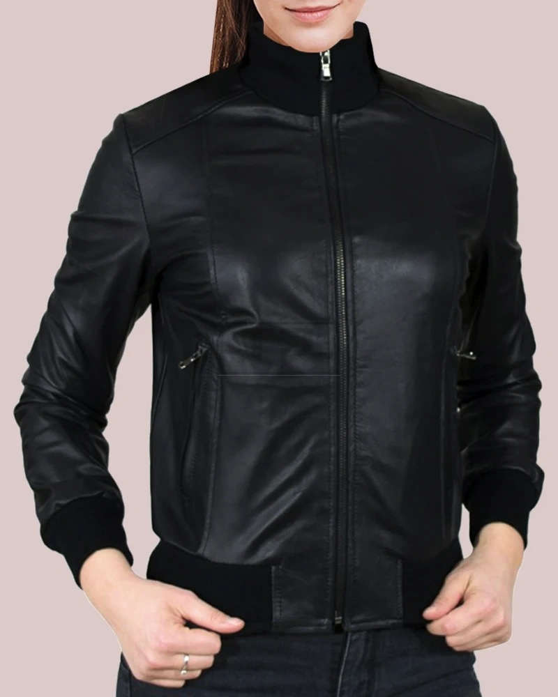 Women's Glossy Black Leather Lavish Bomber Jacket - image 1