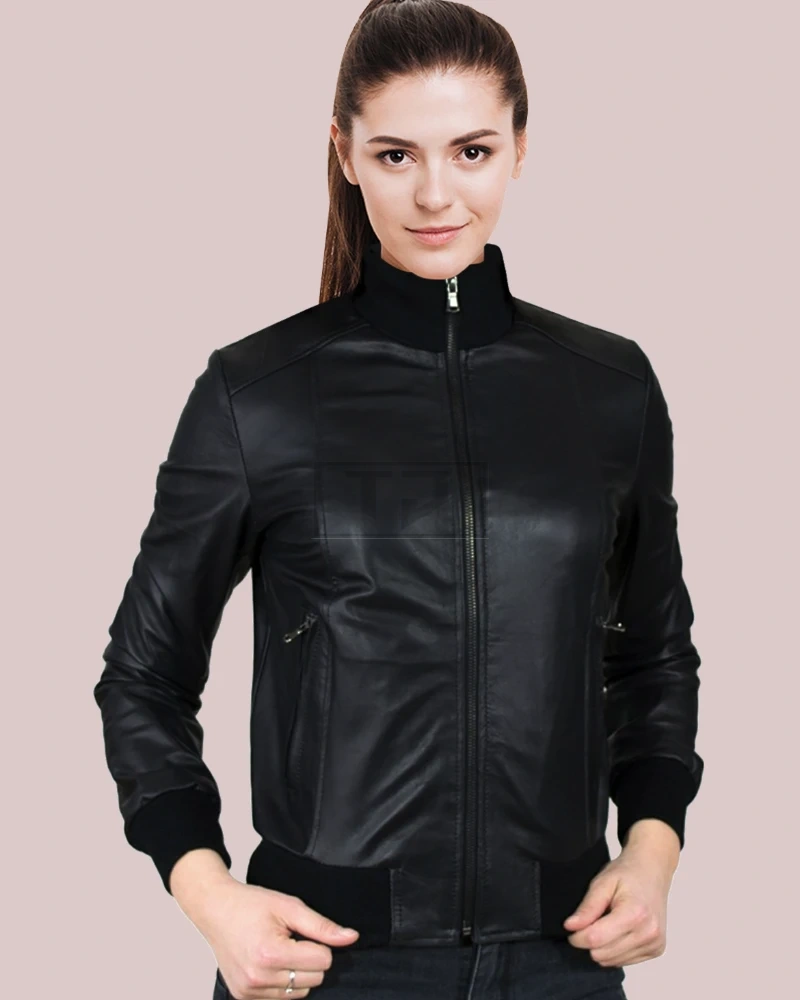 Women's Glossy Black Leather Lavish Bomber Jacket - image 2