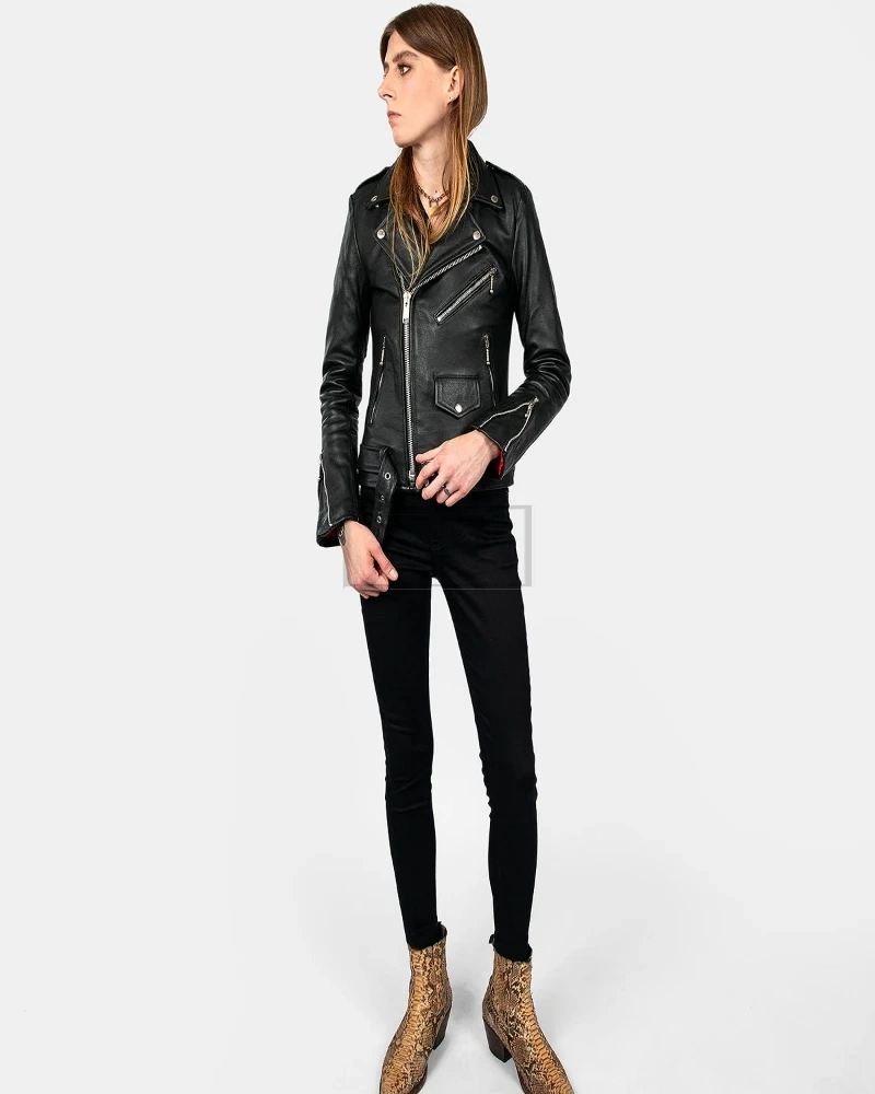 Women Jet Black Biker Jacket - image 1