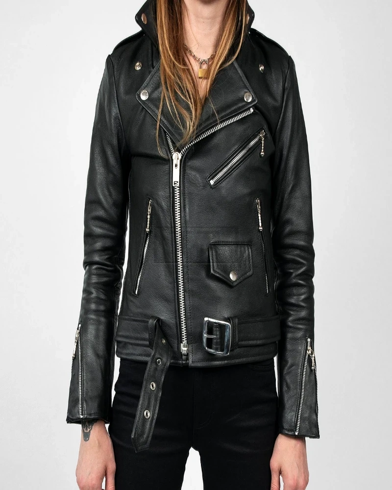 Women Jet Black Biker Jacket - image 3