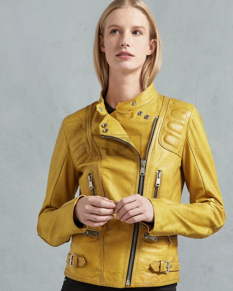 Women Bright Yellow Leather Jacket - image 3