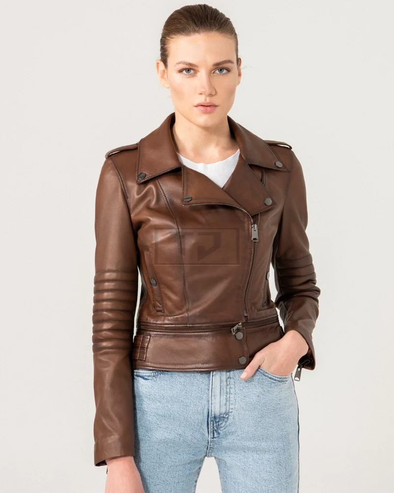 Elegant Brown Biker Leather Jacket For Women - image 2