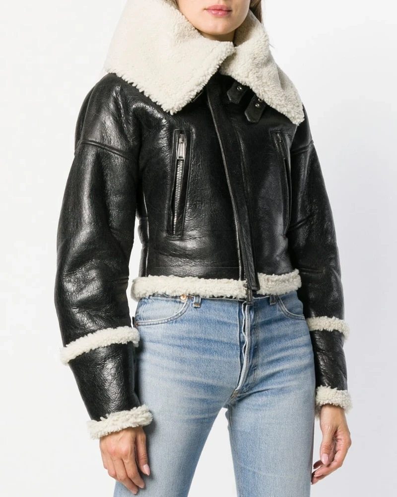 Women Black Long Collar Shearling Jacket - image 1