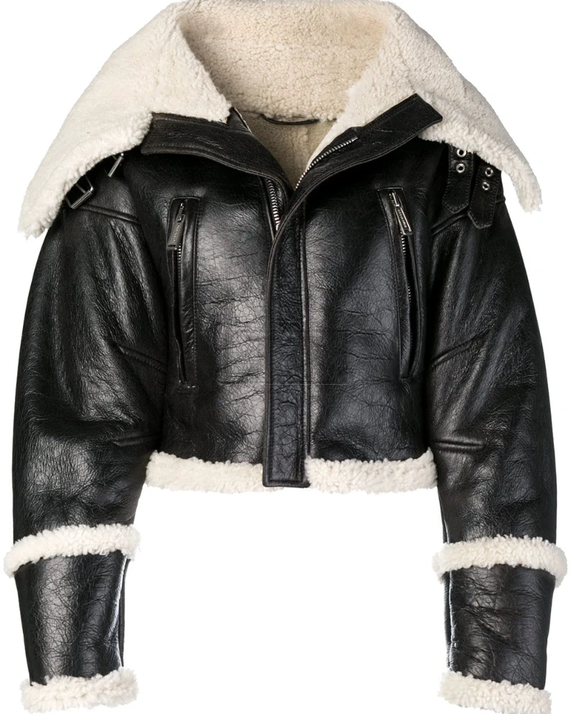 Women Black Long Collar Shearling Jacket - image 3