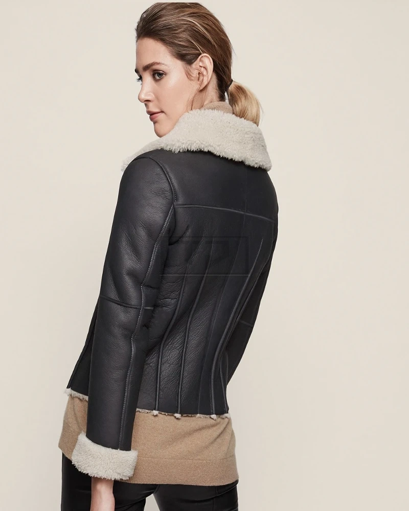 Women Black Aviator Shearling Jacket - image 2