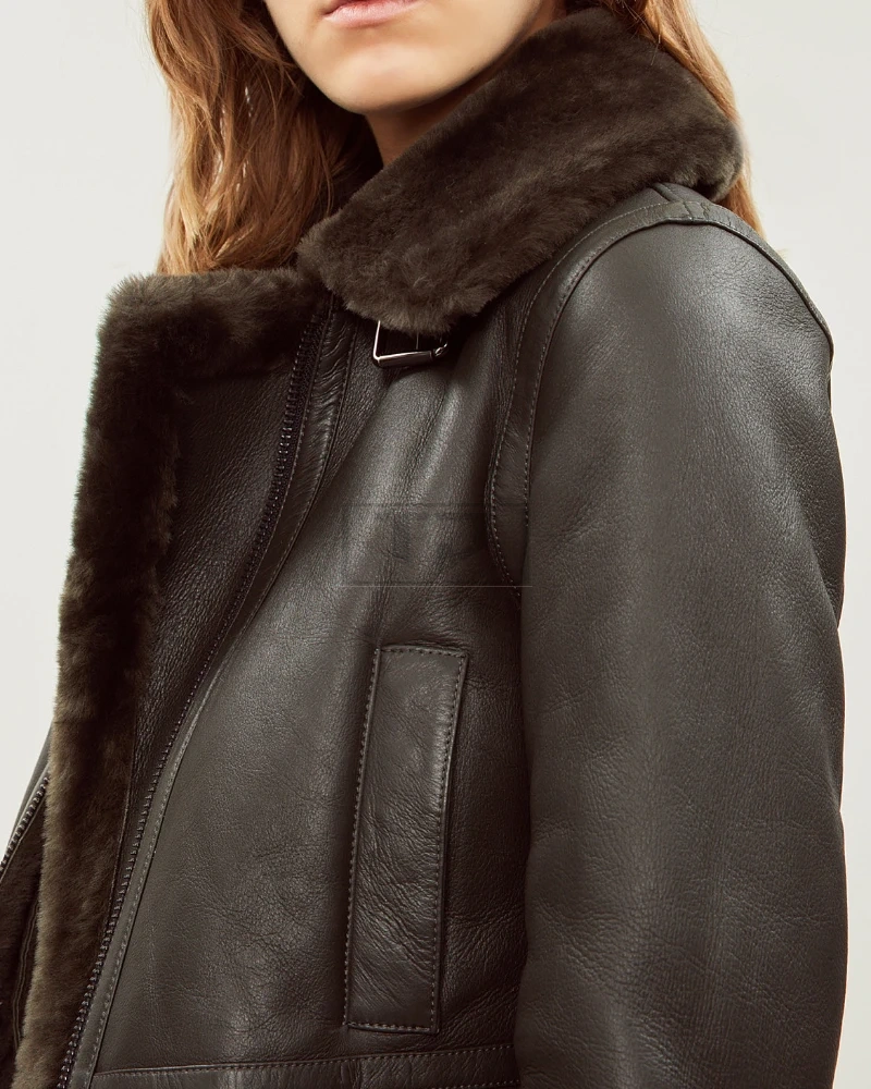 Women Black Shearling Bomber Leather Jacket - image 3