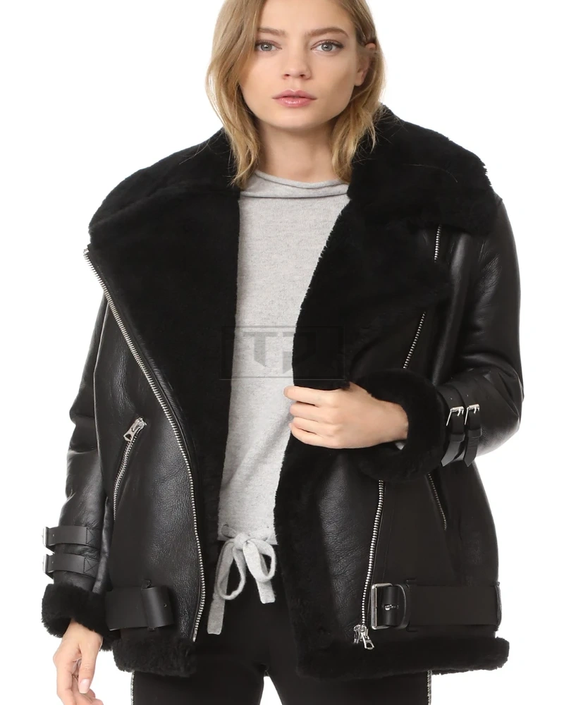 Women Black B3 Shearling Jacket - image 3