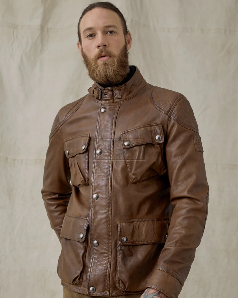 Men Lambskin Leather Field Jacket In Walnut Color - image 1