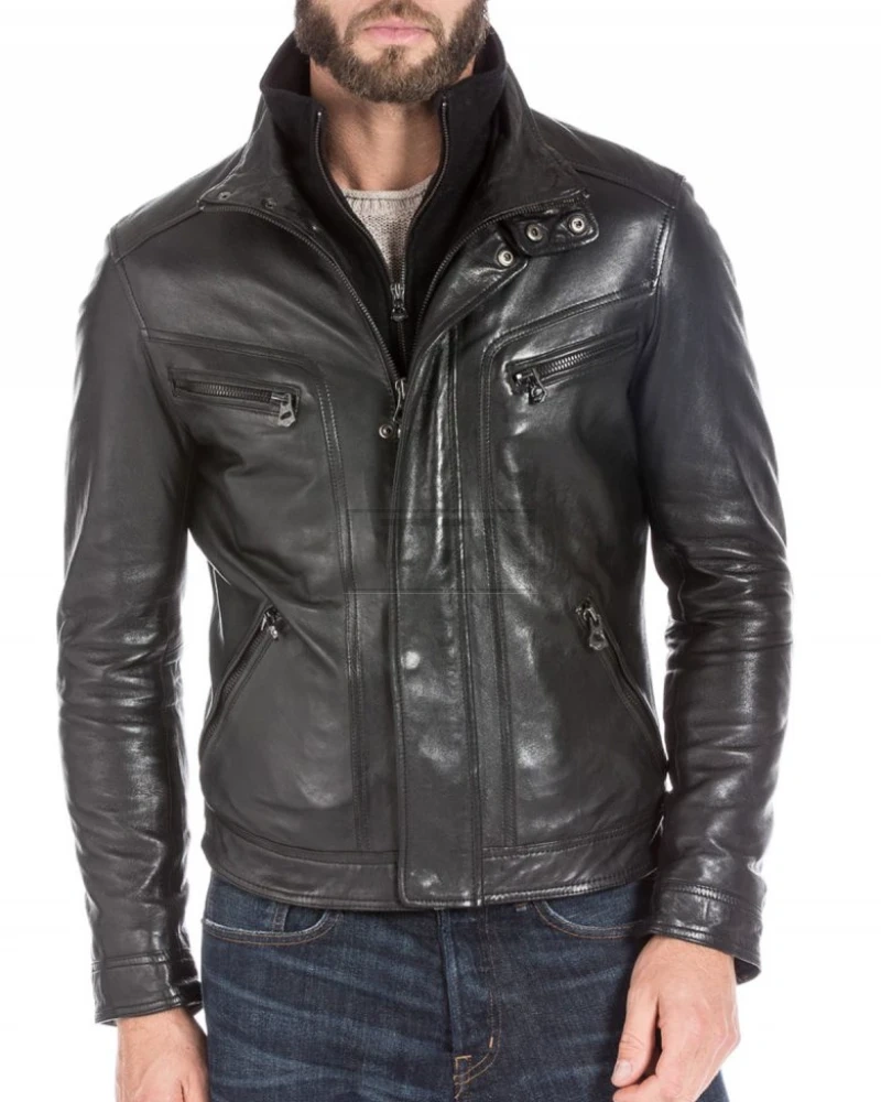 Black Lambskin Leather Sports Jacket For Men - image 3