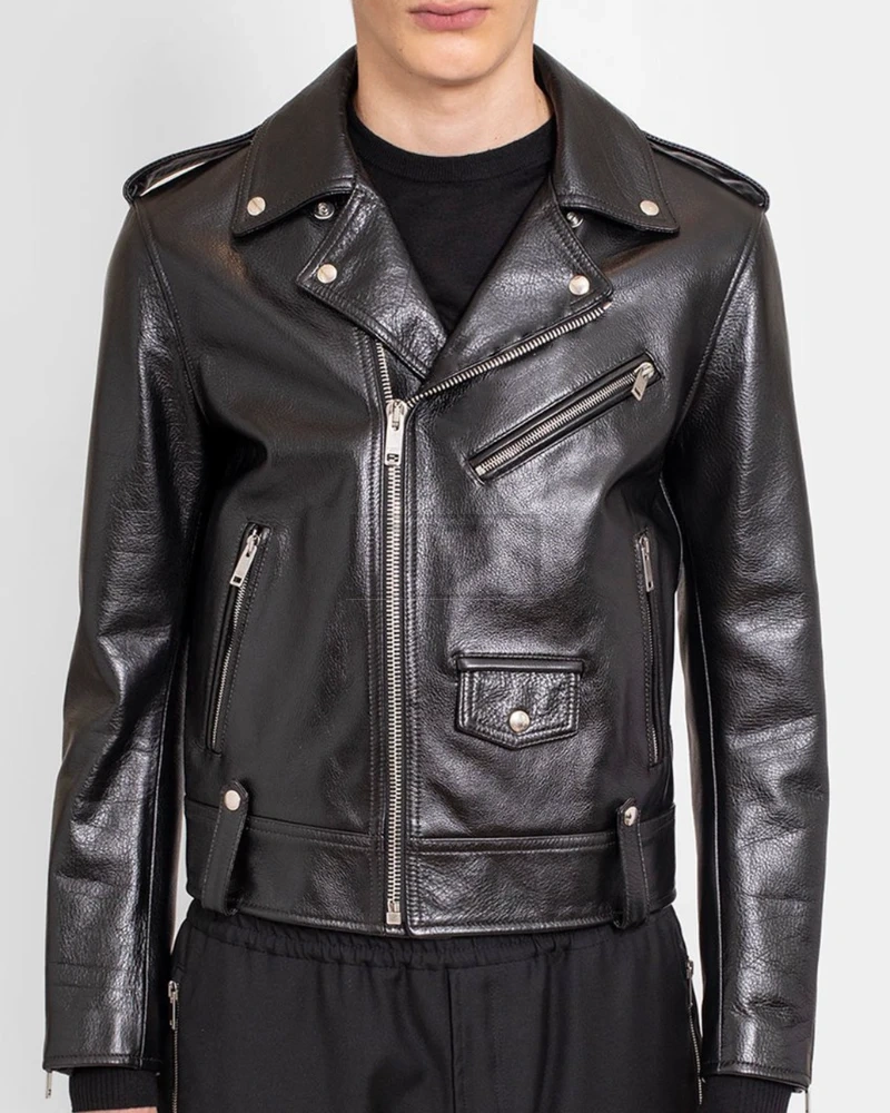 mens charcoal black leather biker jacket - image 1