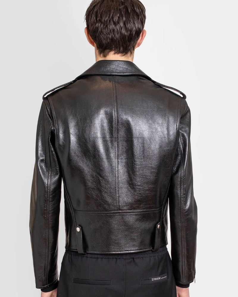 mens charcoal black leather biker jacket - image 2