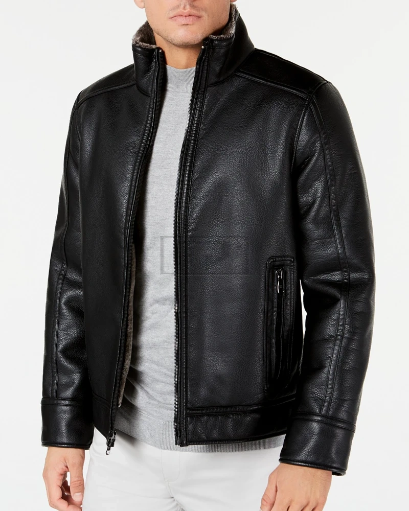 Men's Faux Leather Jacket With Faux Shearling Lining - image 1