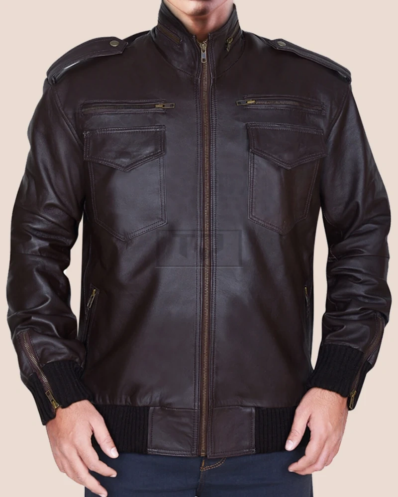 Men's Dapper Brownish Leather Bomber Jacket - image 1