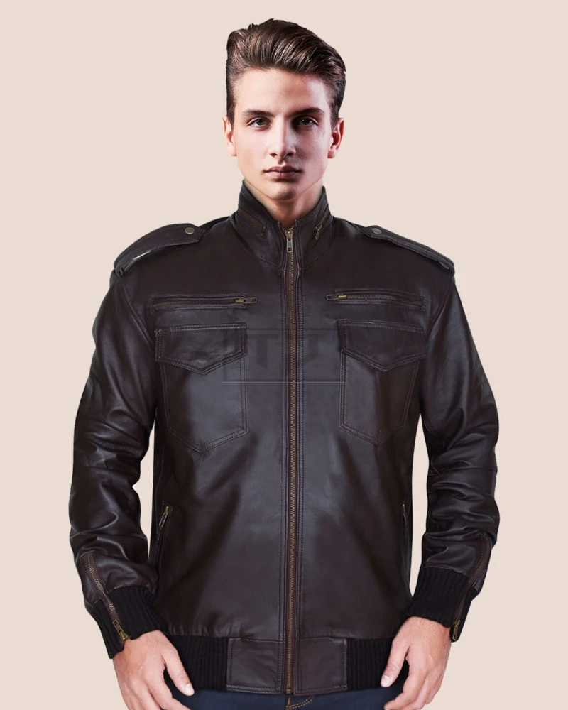 Men's Dapper Brownish Leather Bomber Jacket - image 2