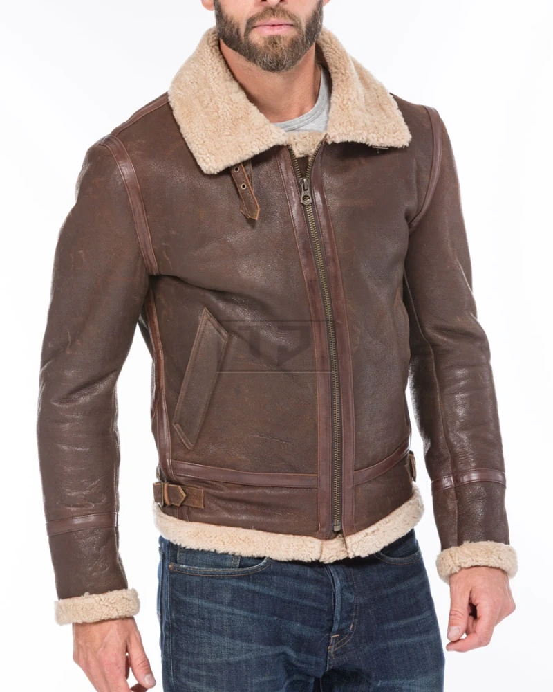 Mens Bomber Shearling Brown Sheepskin Leather Jacket - image 1