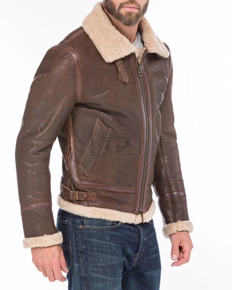 Mens Bomber Shearling Brown Sheepskin Leather Jacket - image 3