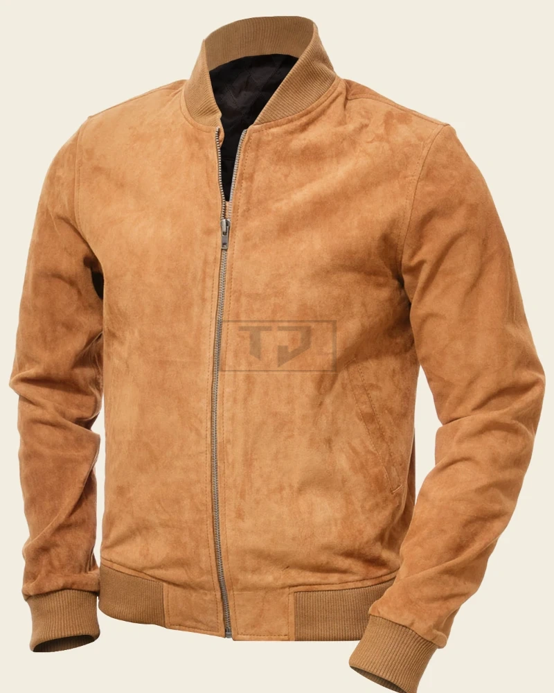 Men Tan Suede Bomber Jacket - image 1