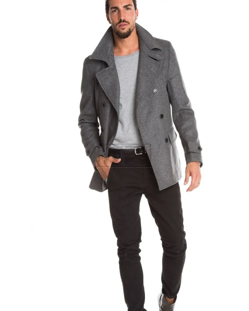 Men Grey Long Pea Coat - image 1