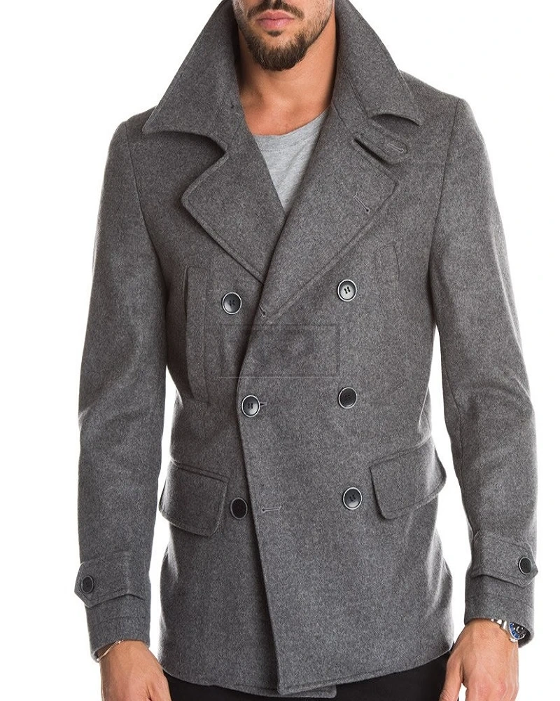 Men Grey Long Pea Coat - image 3