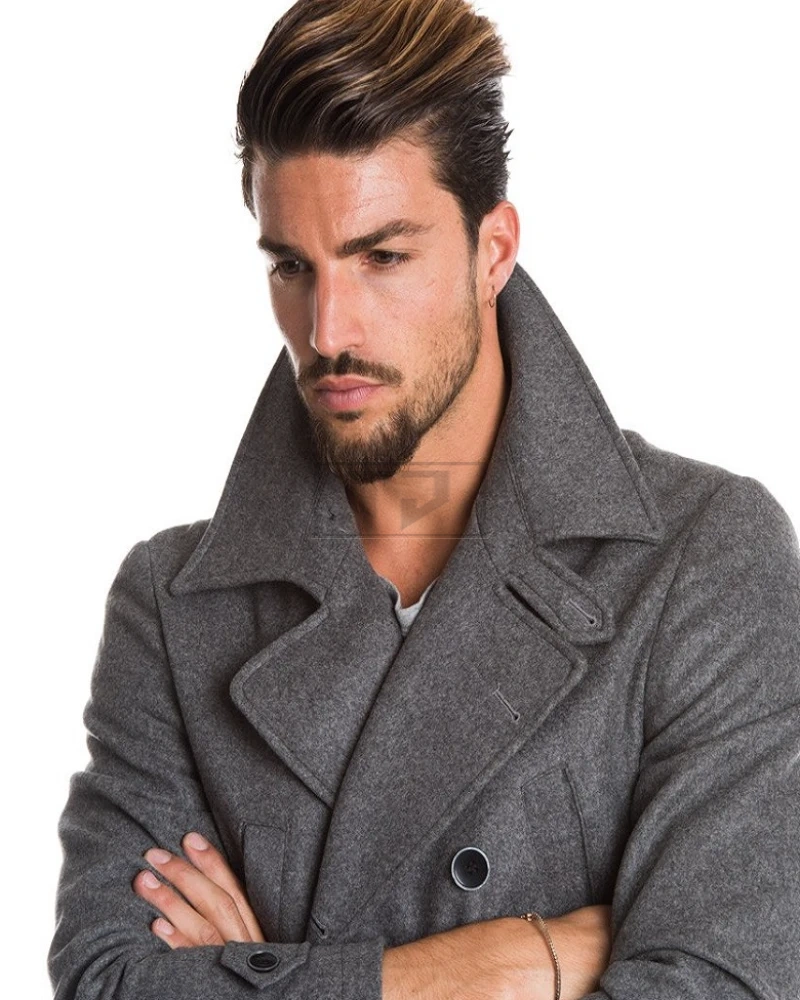 Men Grey Long Pea Coat - image 4