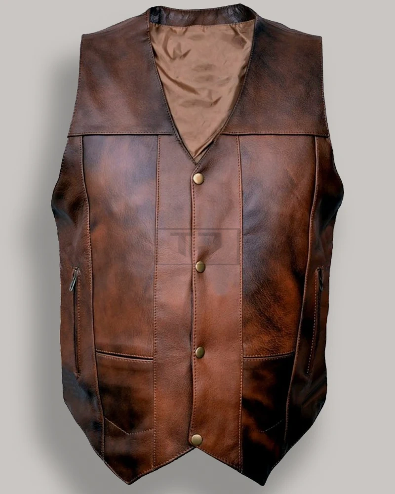 Men Distressed Brown Leather Vest - image 1