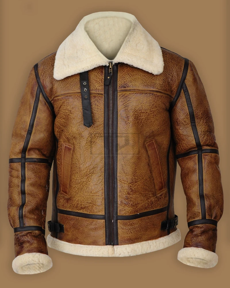 Men Brown B3 Bomber Shearling Jacket - image 1