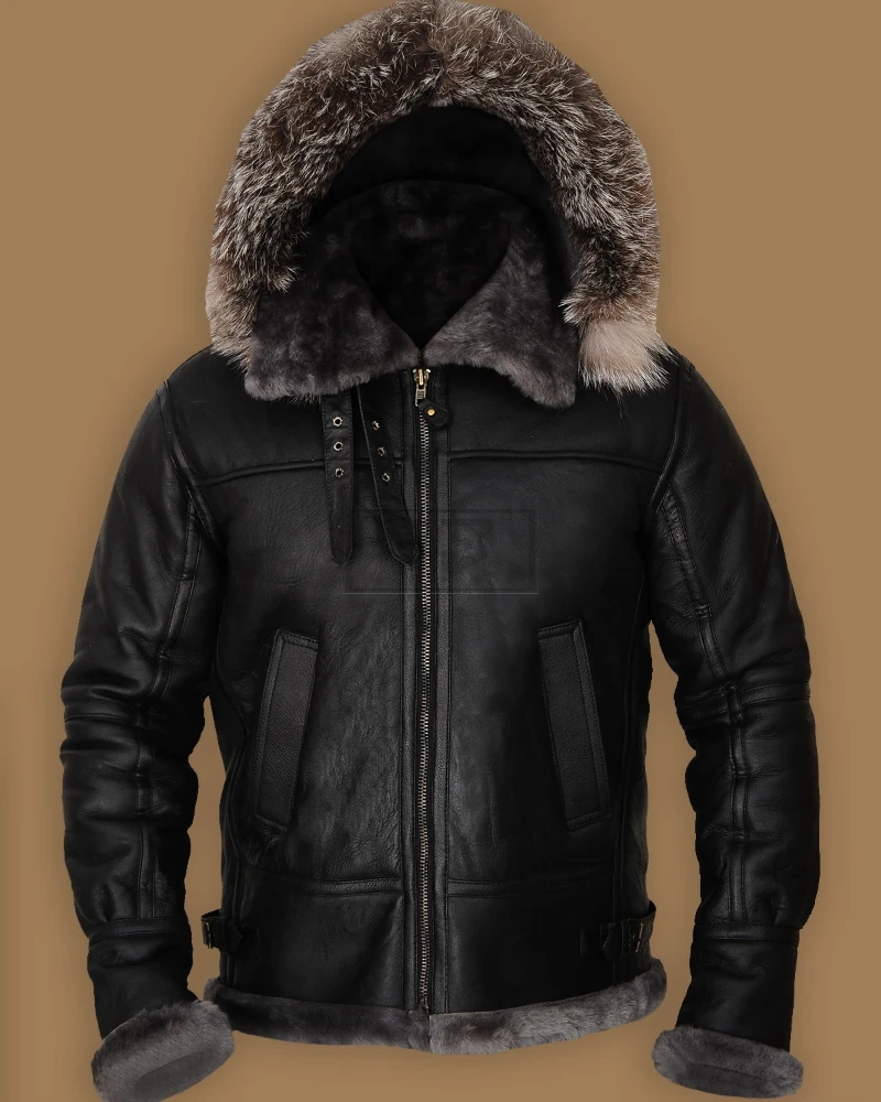 Men Black Shearling Jacket With Hoodie - image 1