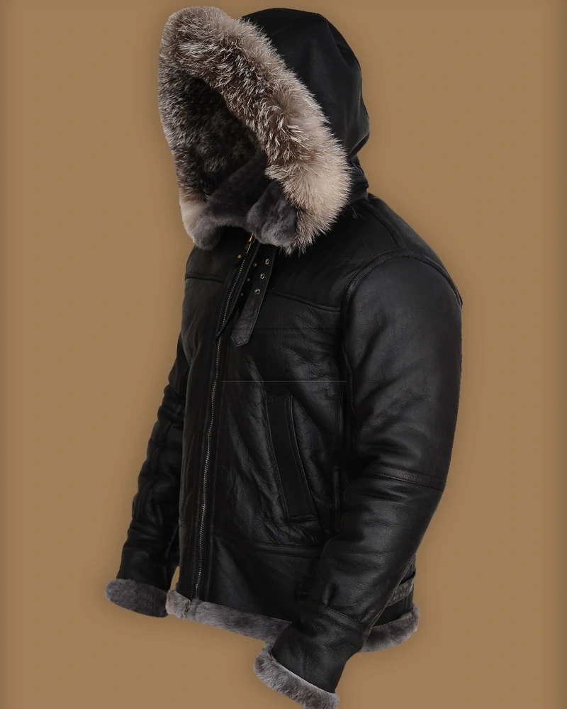 Men Black Shearling Jacket With Hoodie - image 4