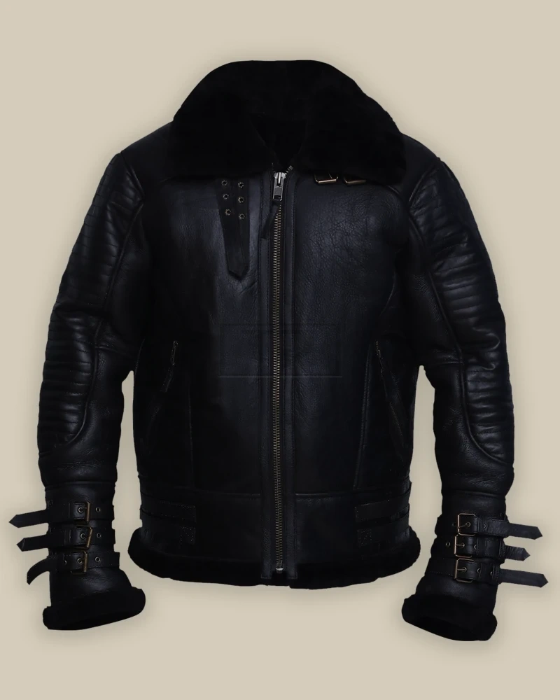 Men Black Biker Shearling Jacket - image 1