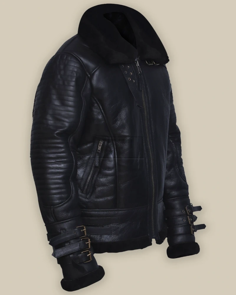 Men Black Biker Shearling Jacket - image 3