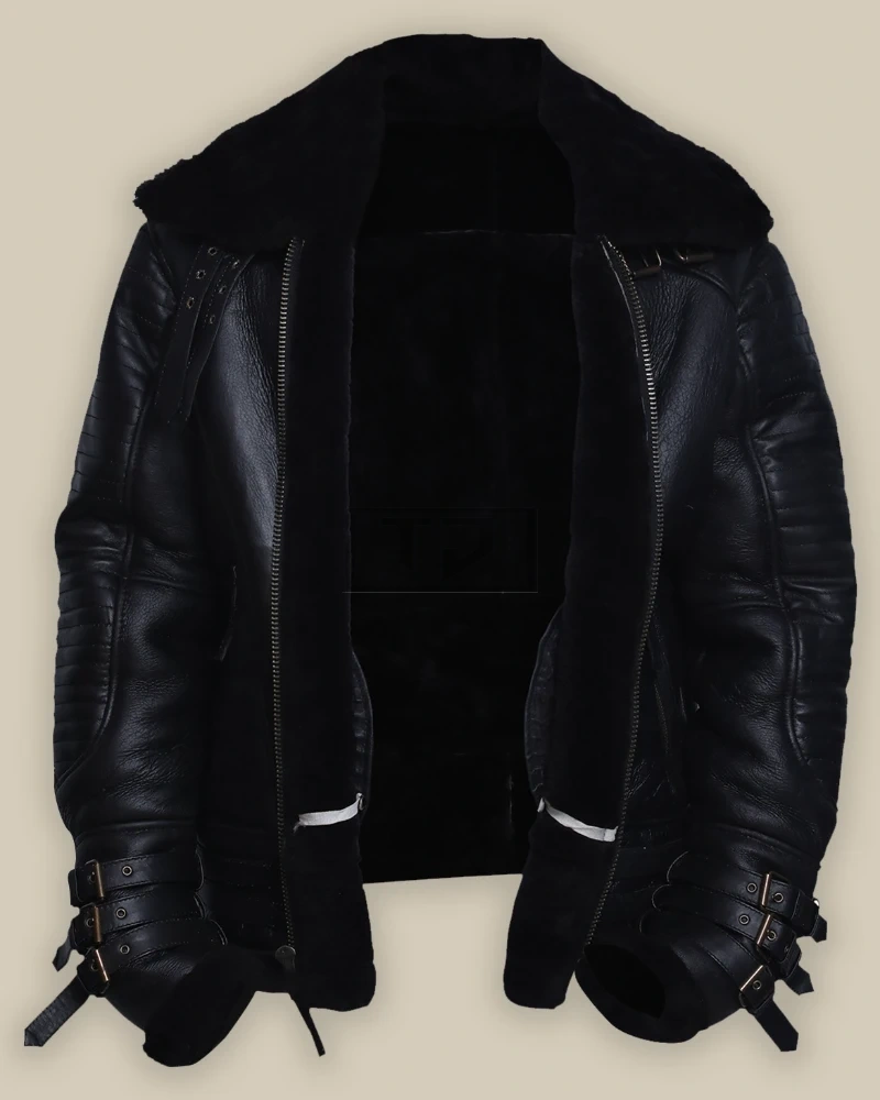 Men Black Biker Shearling Jacket - image 4