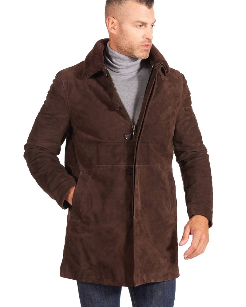 Dark Brown Suede Lamb Leather Coat Detachable Quilt for Men - image 2